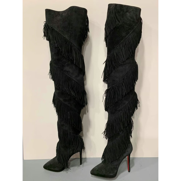 Christian Louboutin Bolcheva 120 Black Fringe Thigh High OTK Knee Heel Boot 36.5 - Picture 11 of 12